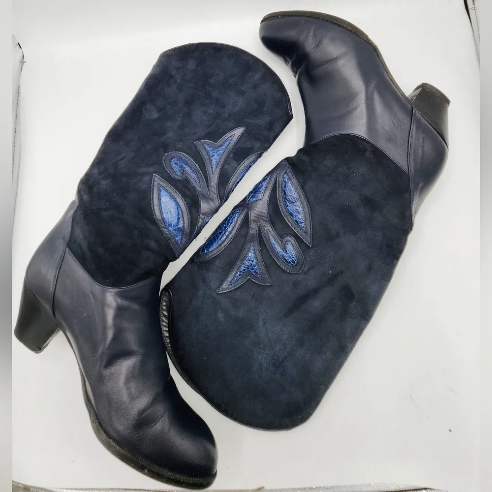 Brunella Italy Vintage Navy Leather & Suede Tall Western Boots Size US 8.5 - 9